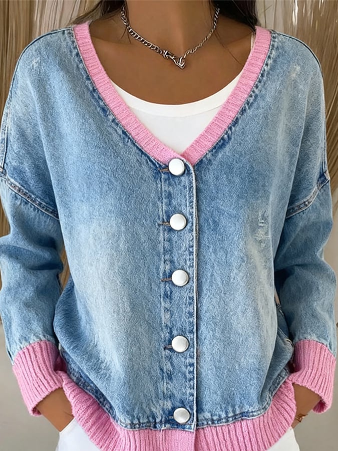 Kuscheliger Denim Cardigan mit rosa Bund für kalte Wintertage