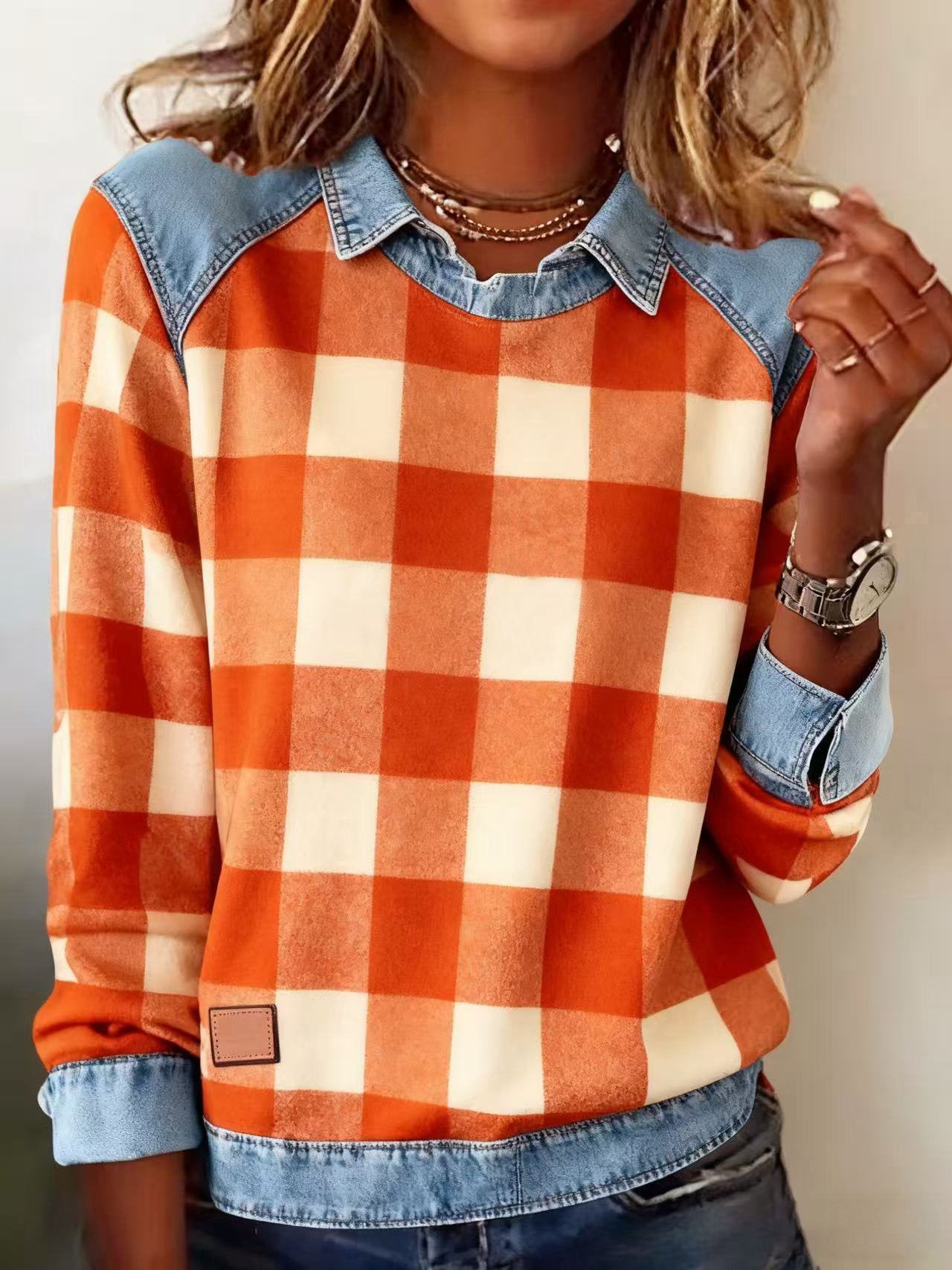 Kariertes Winter Sweatshirt Orange-Creme mit Denim-Details