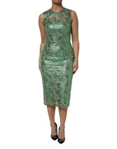 Dolce & Gabbana Grünes Midikleid aus geblümter Spitze aus Baumwolle