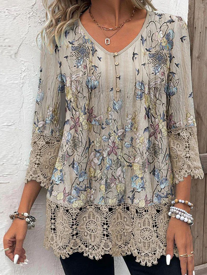Winter Boho Longsleeve Apricot mit Spitze und Blumenprint