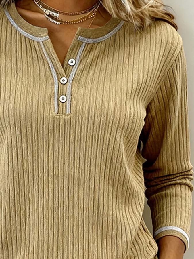 Beiger Damen Winter Henley Pullover Top cosy & casual