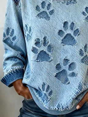 Winter Damen Sweatshirt Denim Look mit Pfotenprint kuschelig