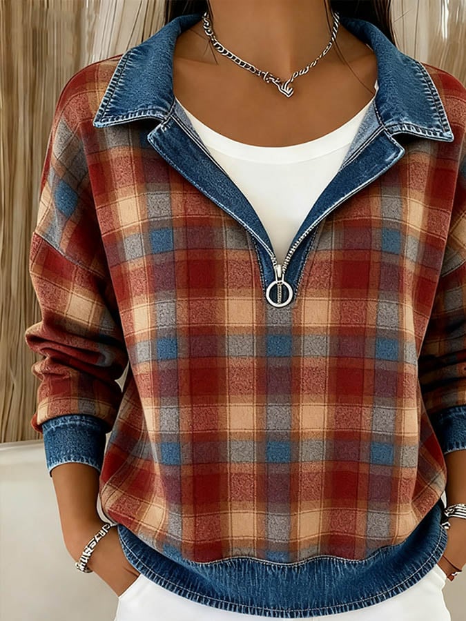 Kuscheliges Karo-Winter-Sweatshirt mit Denim-Kragen