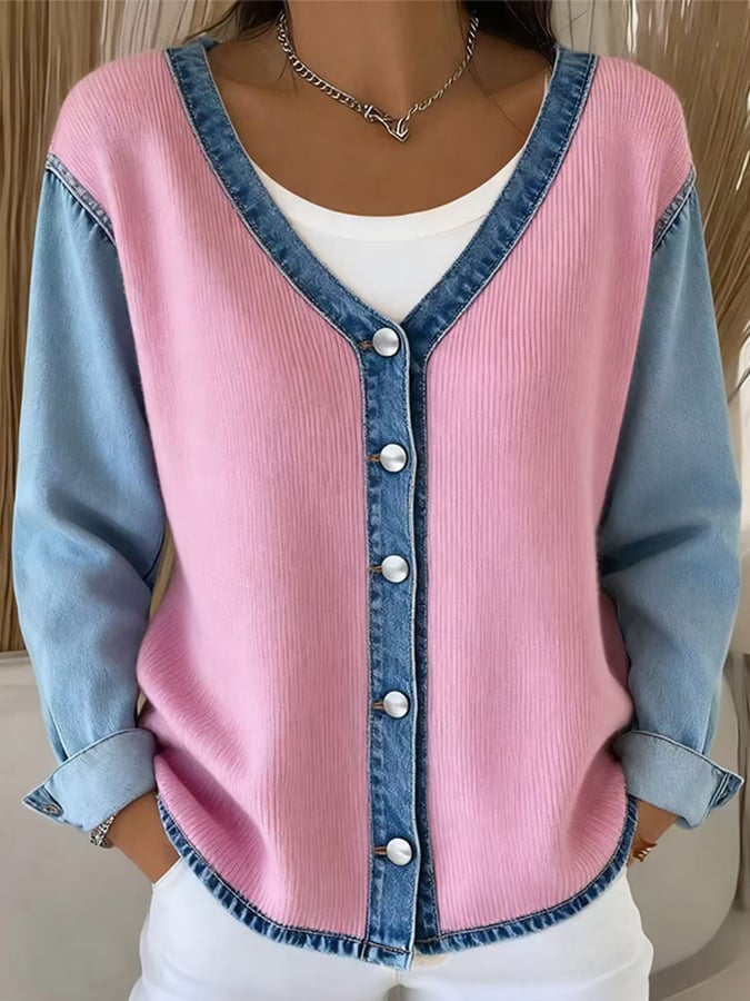 Winter Damen V-Neck Denim Cardigan rosa – warm & stylisch