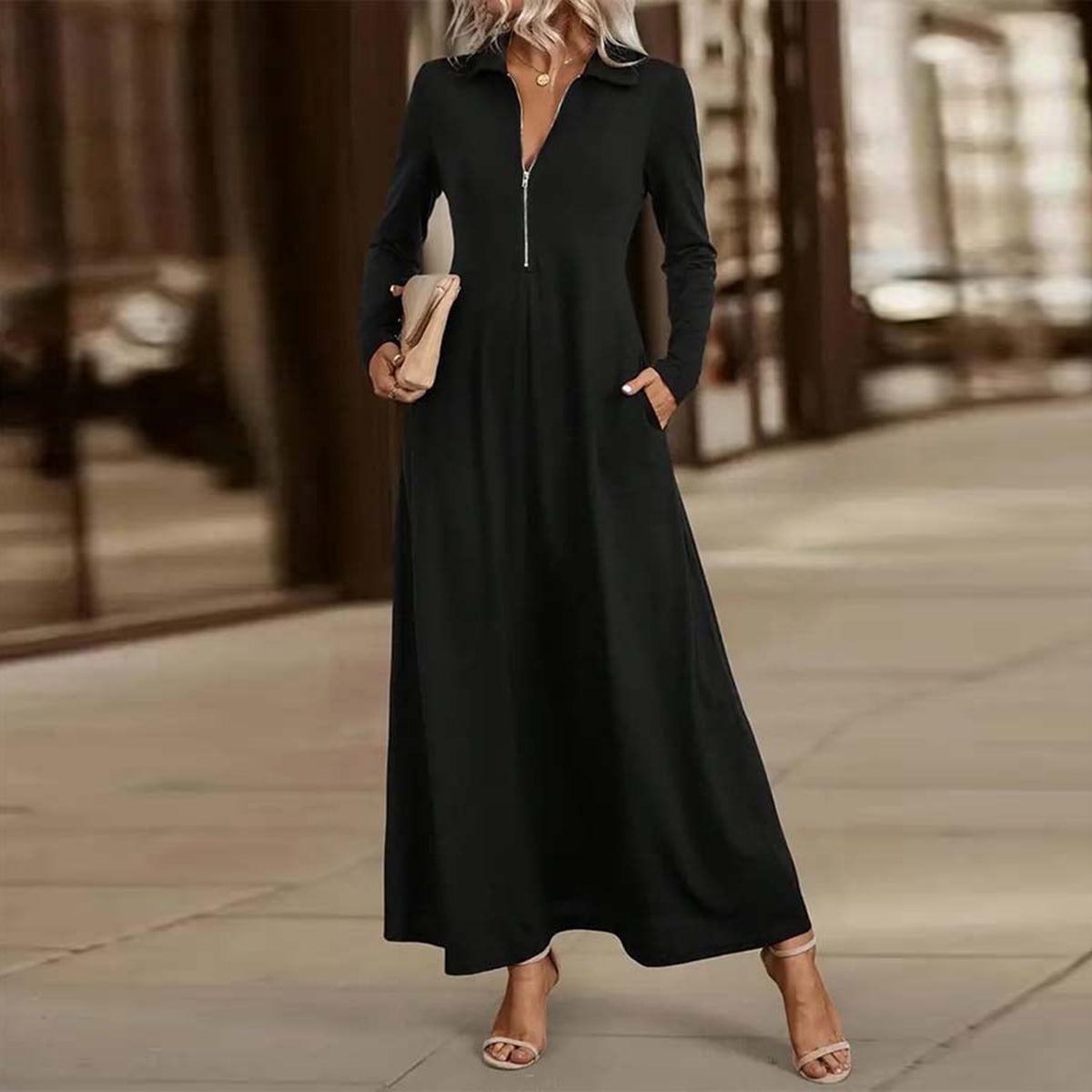 Trendy Black Long Sleeve Maxi Dress - Elegantes & Vielseitiges Herbstshighlight
