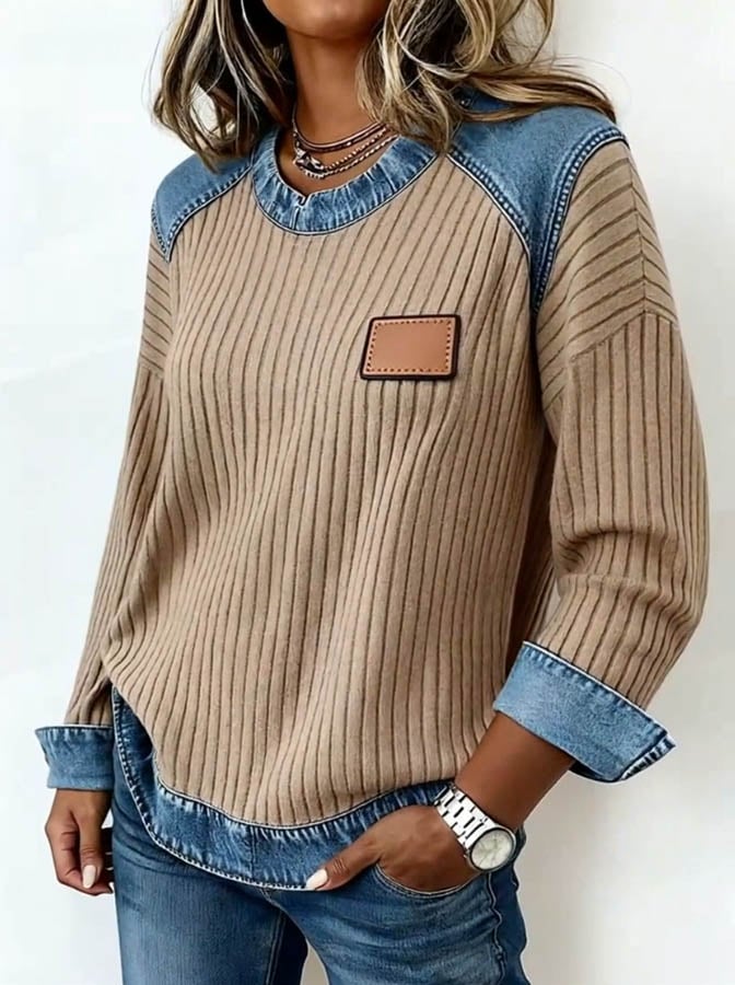 Winter Damen Waffel Longsleeve mit Denim Look, warm casual