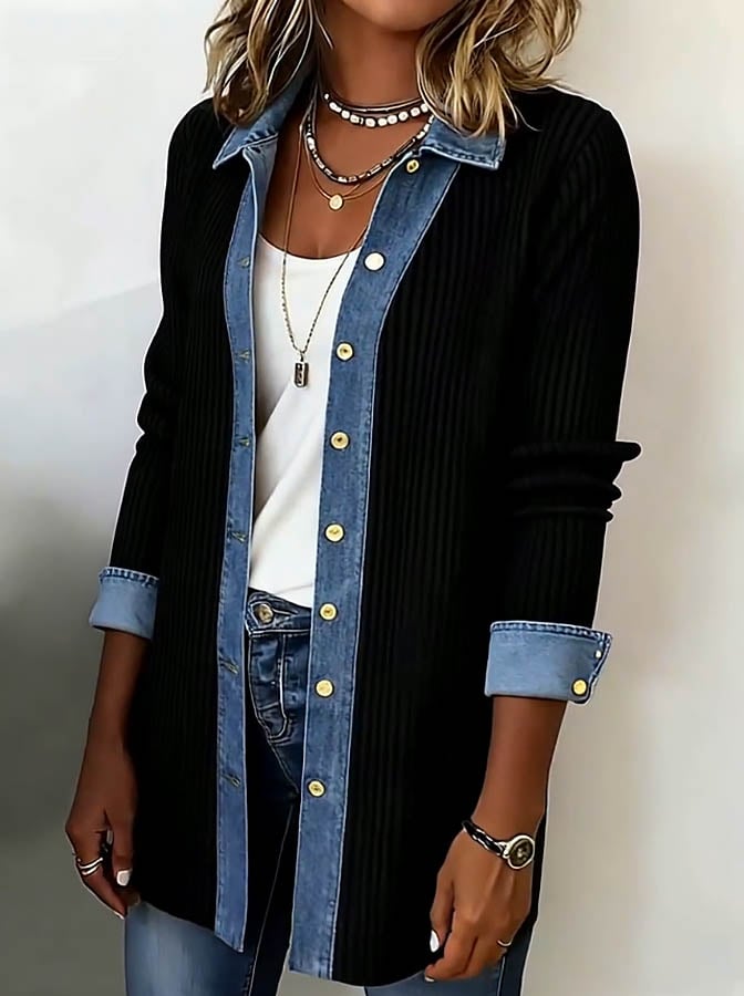 Winter Patchwork Longline Damenjacke Schwarz Denim-Chic