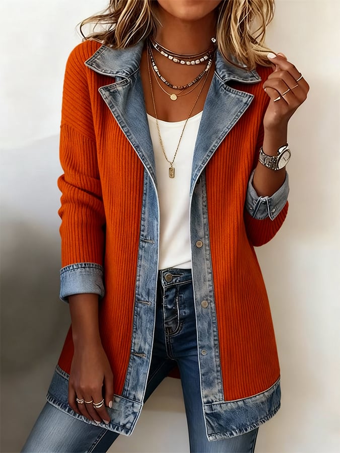 Damen Winter Patchwork Mantel Strick Denim Look Streetstyle