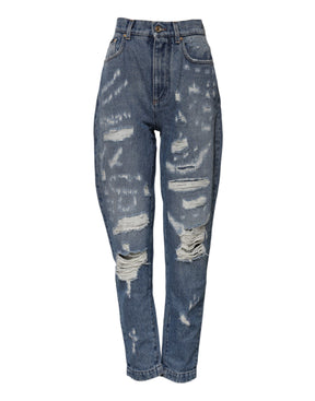 Dolce & Gabbana Blaue zerrissene Denim-Jeans mit hoher Taille aus Baumwolle