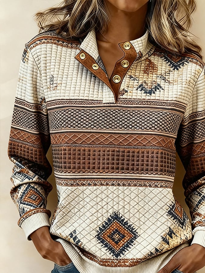 Boho Winter Damen Sweatshirt warm Ethno Pullover Navy