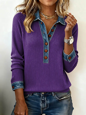 Damen Strickpullover Rostorange mit Denim-Kragen Winterwarm