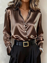 Winter Satin Streifenbluse Braun – Warmes Büro Basic Damen