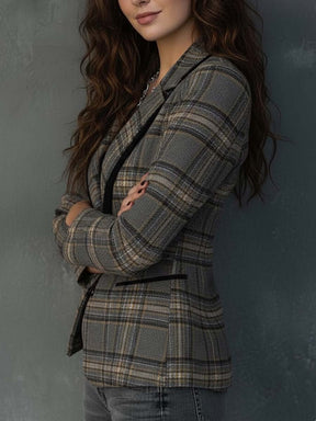 Winterlicher Retro Grey Plaid Long Sleeve Blazer - Eleganz & Wärme vereint