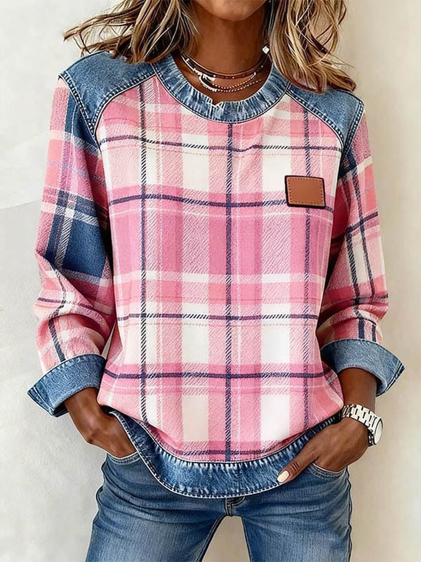 Kuscheliges Winter Sweatshirt Damen rosa Karo Denim Mix