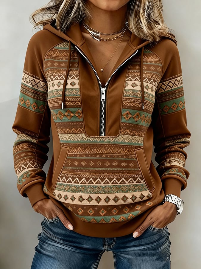 Winter Hoodie Damen Boho Ethno Warm Kuschelpullover Braun