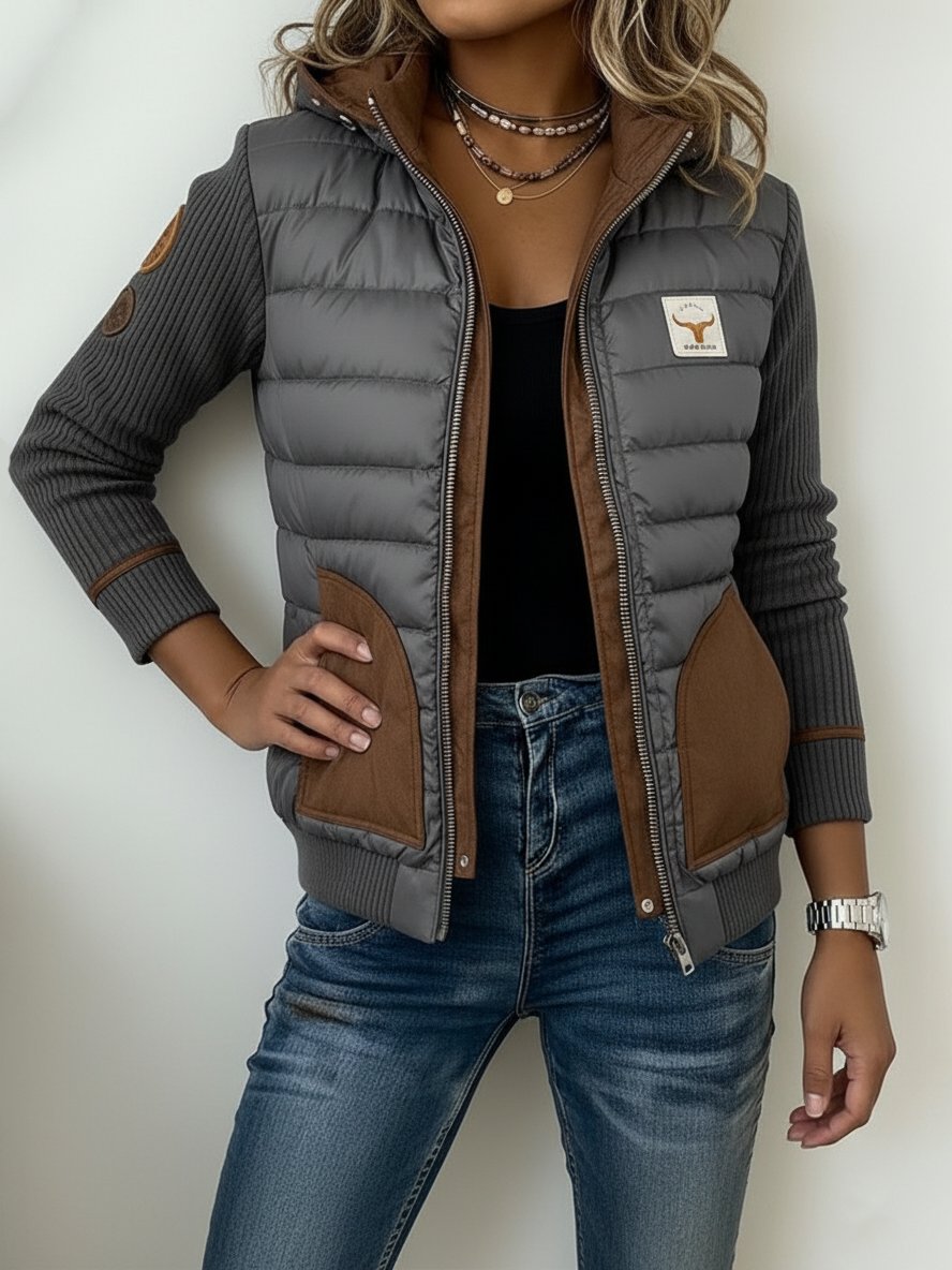 Damen Winter Steppjacke mit Kapuze Grau Braun Warm Casual