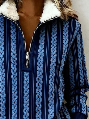 Damen Winter Fleece Pullover Dunkelblau mit Zopfmuster