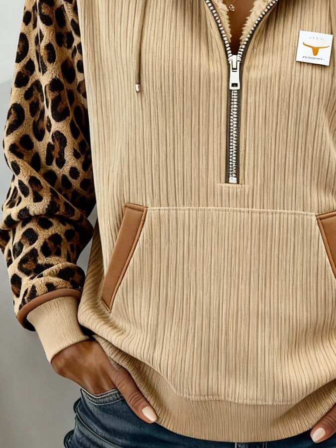 Damen Teddy Hoodie Winter Leo Sweatshirt beige warm