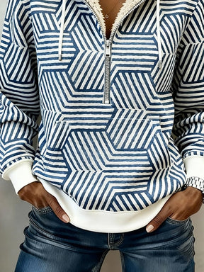 Damen Winter Hoodie mit Teddyfutter, blau-weiß gemustert