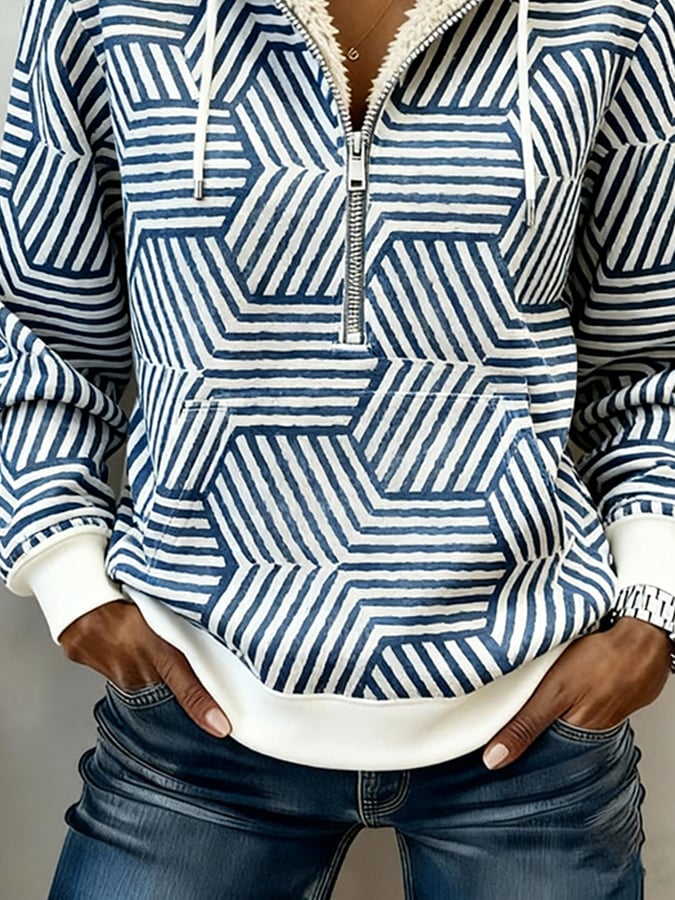 Damen Winter Hoodie mit Teddyfutter, blau-weiß gemustert