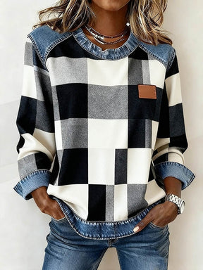 Damen Winter Patchwork Sweatshirt Rosa Denim Casual Pullover