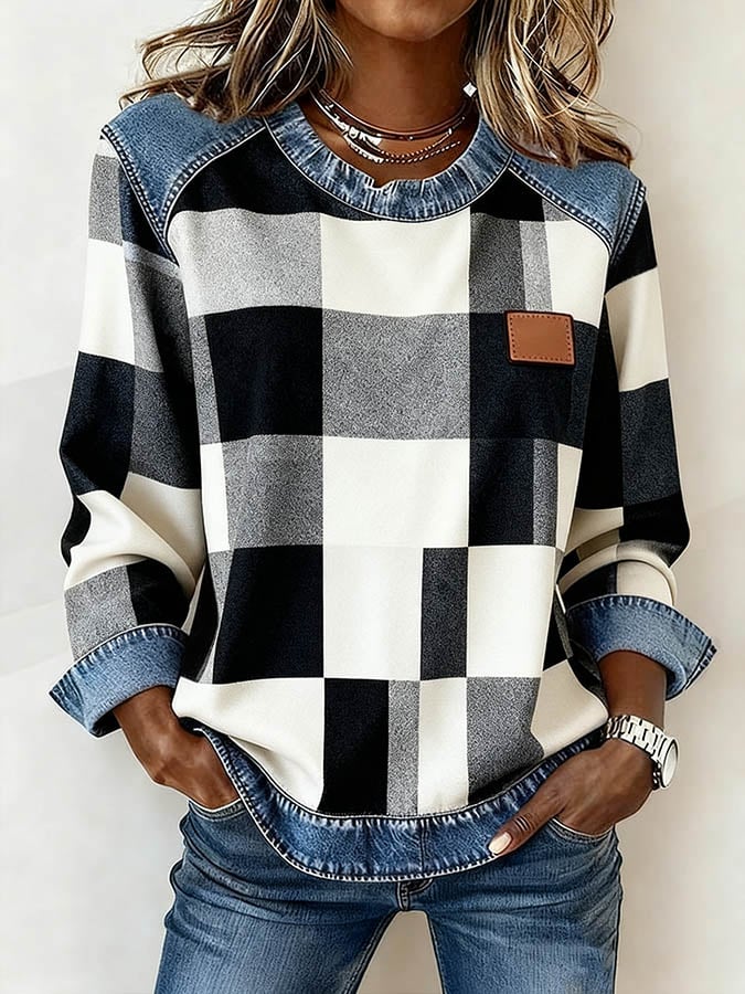 Damen Winter Patchwork Sweatshirt Rosa Denim Casual Pullover
