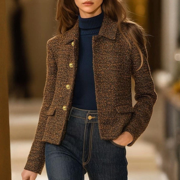 Herbstlicher Retro Chic: Braune Langarm-Jacke für stilvolle Wärme & Komfort