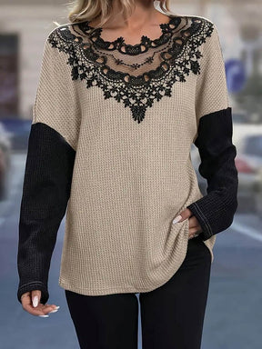 Winter Damen Waffelshirt mit Spitze Beige Schwarz Cozy Top