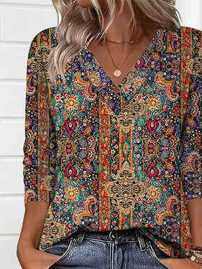 Boho Longsleeve V-Ausschnitt – warmes Winter Shirt bunt