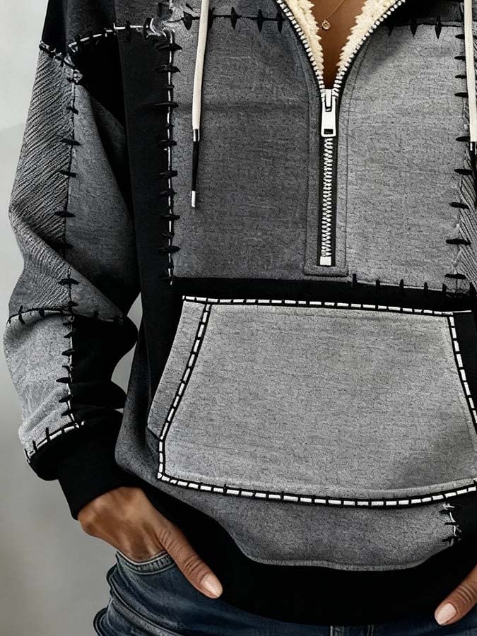 Sherpa Hoodie Winter Warm Patchwork Grau Schwarz Damen