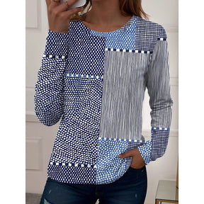 Winter Damen Langarmshirt blau weiß gestreift Patchwork Top
