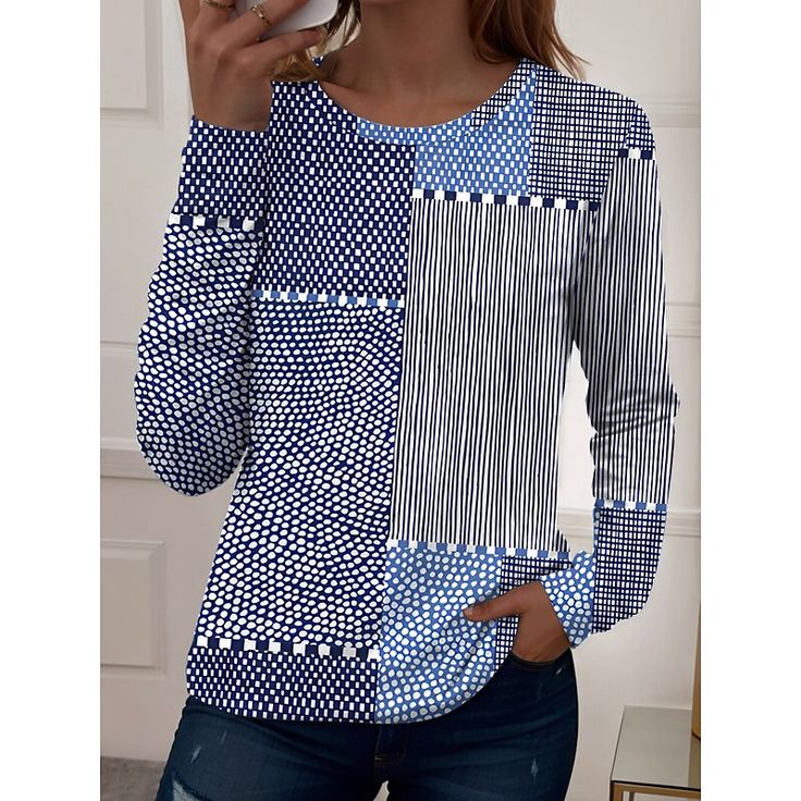 Winter Damen Langarmshirt blau weiß gestreift Patchwork Top