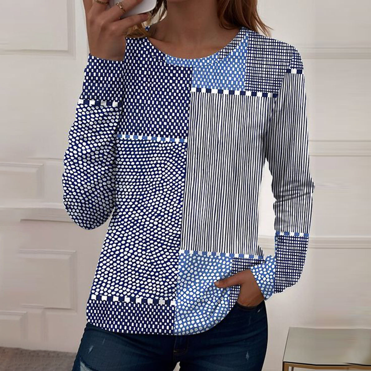 Winter Damen Langarmshirt blau weiß gestreift Patchwork Top