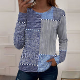 Winter Damen Langarmshirt blau weiß gestreift Patchwork Top