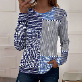 Winter Damen Langarmshirt blau weiß gestreift Patchwork Top
