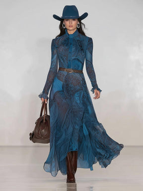 Winterzauber Eleganz: Groovy Blue Spitzen-Midi-Kleid mit Langarm