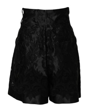 Dolce & Gabbana Schwarze Seidenshorts mit Blumenstickerei und hoher Taille