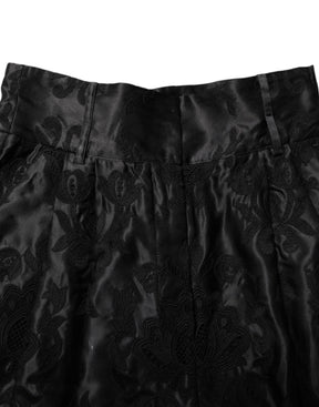 Dolce & Gabbana Schwarze Seidenshorts mit Blumenstickerei und hoher Taille