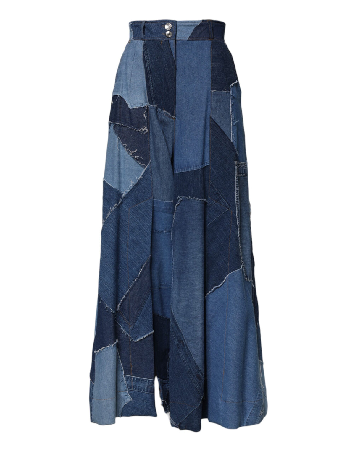 Dolce & Gabbana Blauer Denim-Langarm-Maxirock aus Patchwork-Baumwolle
