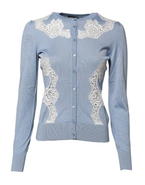 Dolce & Gabbana Blaue Strickjacke mit floralen Spitzenverzierungen
