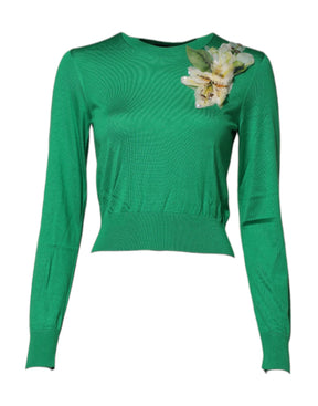 Dolce & Gabbana Grüner Seidenpullover mit Blumendetails