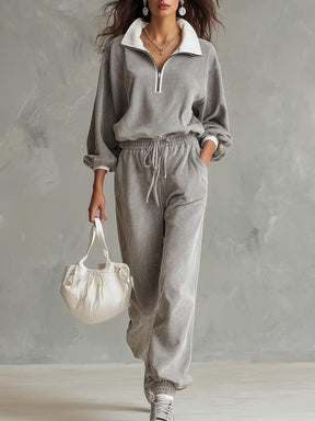Grey Color Block Two Piece Set: Eleganz & Komfort für den Herbst