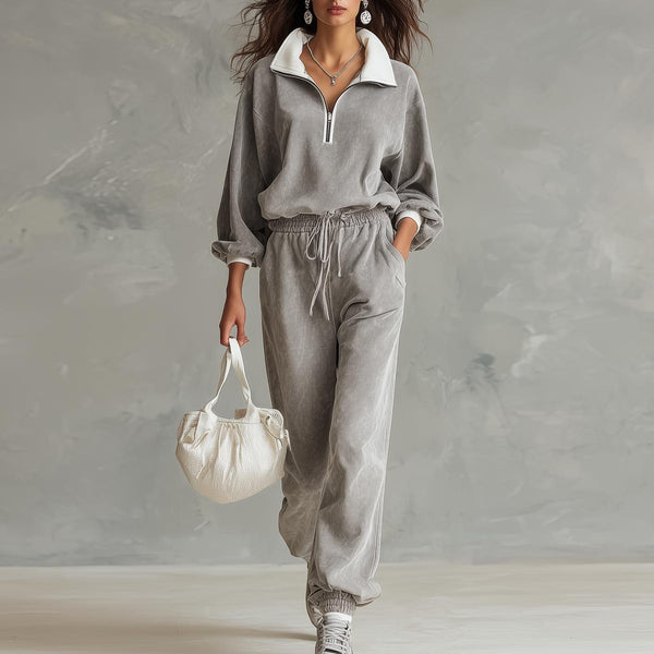 Grey Color Block Two Piece Set: Eleganz & Komfort für den Herbst