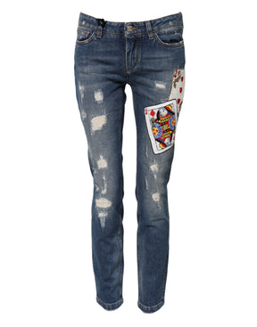 Dolce & Gabbana Blaue Spielkarten-Stickerei Skinny Denim Jeans