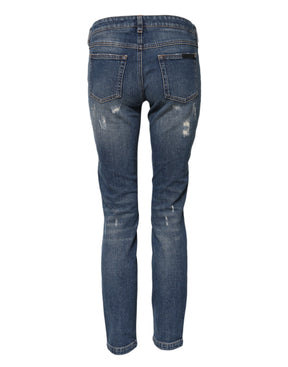 Dolce & Gabbana Blaue Spielkarten-Stickerei Skinny Denim Jeans