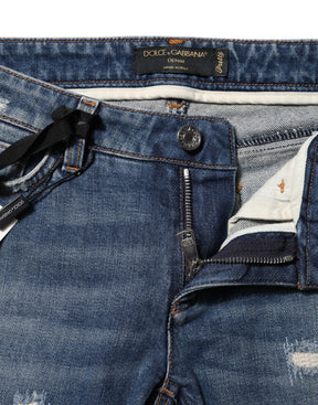 Dolce & Gabbana Blaue Spielkarten-Stickerei Skinny Denim Jeans