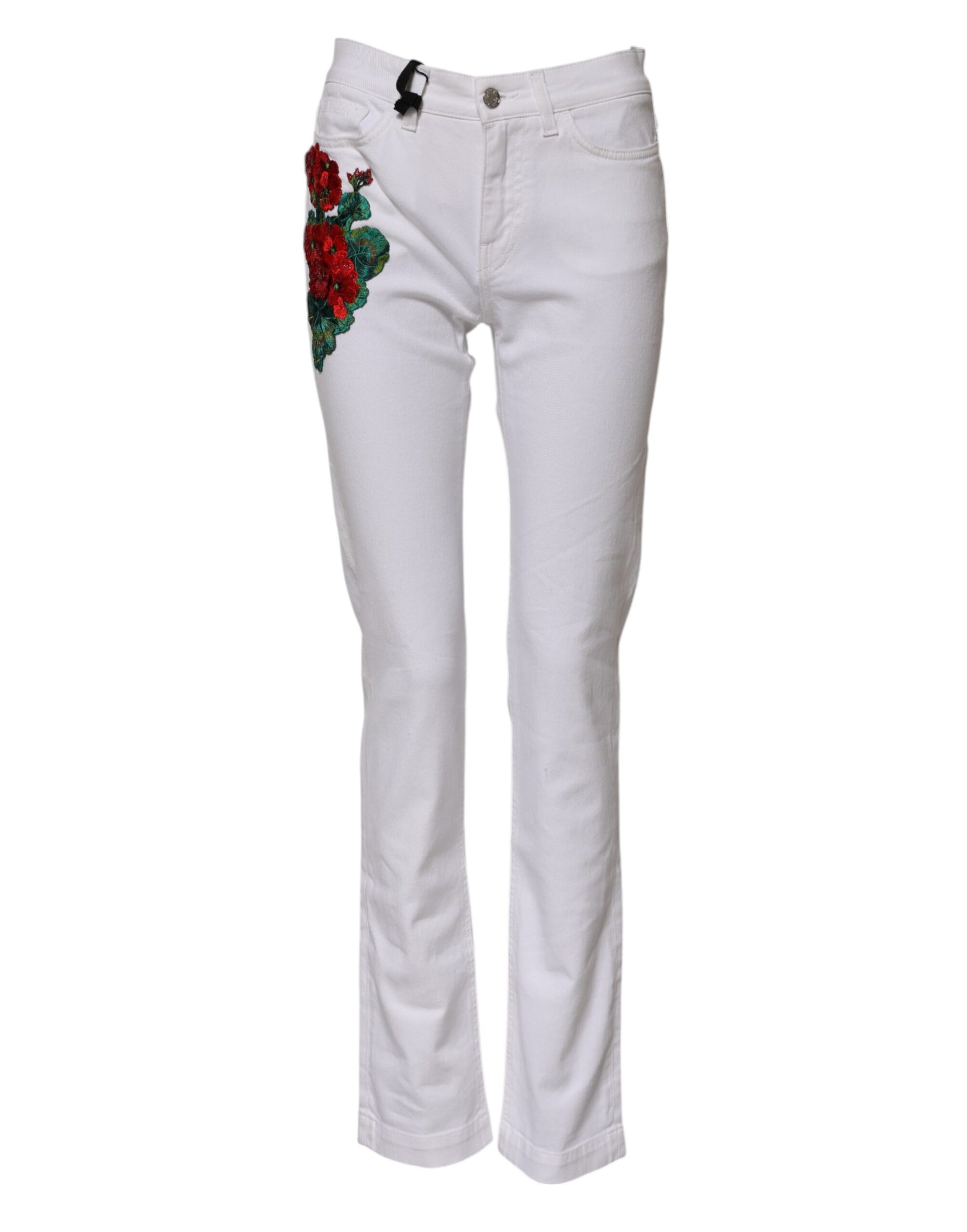 Dolce & Gabbana Weiße Denim-Jeans mit Blumenstickerei GIRLY