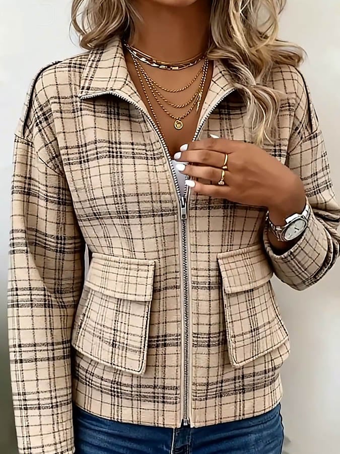 Herbstlicher Trend: Karierte Casual-Jacke in Braun mit Reißverschluss