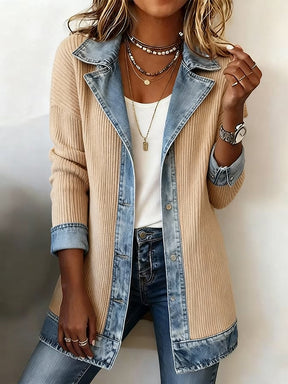 Damen Winter Patchwork Mantel Strick Denim Look Streetstyle