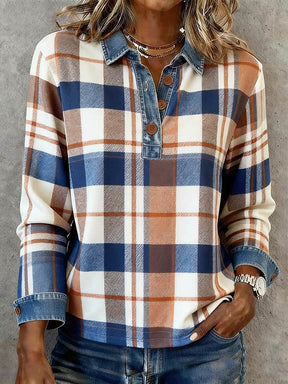 Winter Damen Karohemd mit Denim-Kragen warm und casual